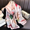 Elegant long satin scarf with vintage floral print in pink, red, and green for women - 90*180cm / Pink
