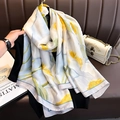 Elegant ivory faux silk long scarf featuring yellow tulip floral patterns and green leaves - 90*180cm / Beige