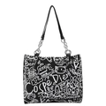 Graffiti canvas tote bag in black with white hand-drawn prints and chain straps - Black (Without Charm)