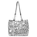White canvas tote bag with black graffiti prints and silver chain strap details - White (Without Charm)