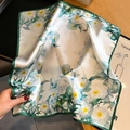 Luxurious camellia floral silk square scarf with white petals and green leaves - 53*53cm / Beige