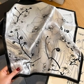 Elegant white silk square scarf with black orchid print and border for women - 53*53cm / Beige (ZS-417)