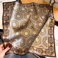 Elegant silk scarf with mandala geometric pattern in champagne gold and taupe tones - Neckerchief / Caramel color
