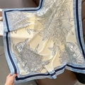 Macro view of lightweight silk scarf featuring vintage floral print and stripe borders - One Size / Beige (HSM-15)