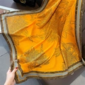 Detail of soft yellow sunflower print scarf with geometric striped border finish - One Size / Yellow (HSM-15)