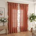 Set of two brick red ruffled sheer curtains featuring romantic tiered decorative edges - Dirty Orange