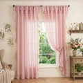 Pink ruffle sheer curtain with a light-filtering translucent texture and layered edges - Pink