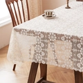 White French style lace tablecloth with floral embroidery and hollow design on a wooden table - 140*100cm / Off White