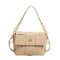 Chic beige woven crossbody bag with gold flower clasp and wave edge flap detail - Wavy Edge Style (2116) / Off White