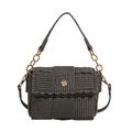 Dark grey woven crossbody bag featuring a golden camellia floral buckle and chain strap - Wavy Edge Style (2116) / Black