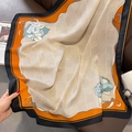 Classic houndstooth silk scarf with orange contrast border and floral print details - Beige (HSM-4)