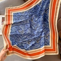 Macro view of blue vintage paisley pattern on a soft square scarf with geometric borders - 90cmx90cm / Deep Blue (HSM-6)
