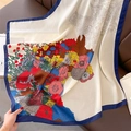 Detail of floral printed scarf with blue borders and vintage patterns on leather - Large Square Scarf / Milky White Satin Floral Print (HSM-31-白色)