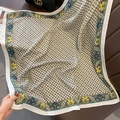 Detail of silk-like square scarf featuring vintage gold chain and baroque floral patterns - 90x90cm / White Edge (HSM-16)