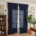 Elegant navy blue sheer curtains with ruffled edges hanging on a black metal rod - Dark Blue