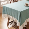 Tovaglia vintage francese in lino blu-grigio con bordi decorativi a balze bianche - 140x100CM / Verde (Volant Bianco)