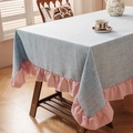Tovaglia retrò francese in lino azzurro con eleganti bordi rosa a volant per tavoli da pranzo - 140x100CM / Blu (Volant Rosa)