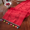 Detailed embroidery on red lace table runner with vibrant colorful tassels and floral motifs - 30*45cm / Camellia Peacock Feather Red