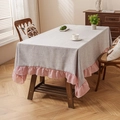 Linen table cloth with light grey weave texture and romantic pink ruffle edge - Light Gray