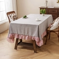 Light gray cotton linen tablecloth featuring elegant pink chiffon ruffled edges for decor - Dark Gray