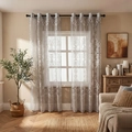 Grey semi-sheer curtains with white damask pattern and black metal grommet top headers - White & Grey - Scroll