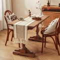 Beige and brown striped woven table runner with white handmade tassels in boho style - 30x50 / Khaki & Beige
