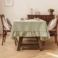 French country style light green linen tablecloth with elegant ruffled edges on wood table - 140*100cm / Cyan Green