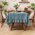Morandi blue linen tablecloth with elegant ruffled edges for rectangular dining tables - 140*100cm / Blue