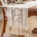 Runner da tavolo in pizzo beige con ricamo a pavone e nappe fatte a mano - 30x45cm / Beige