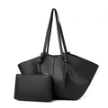 Detalle del bolso tote de cuero negro con textura de lichi y neceser a juego - Negro