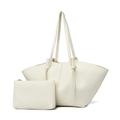 Detalle del bolso tote de cuero blanco minimalista y su neceser con cremallera a juego - Blanco Roto