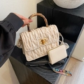 Beige pleated crossbody bag with bamboo handle and LOVE letter strap set - White