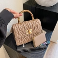 Beige quilted handbag with bamboo handle and LOVE letter strap with coin purse - Khaki