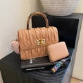 Quilted nude handbag set with bamboo handle, gold hardware and wide shoulder strap - Pink