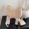 Beige pleated underarm bag with wide geometric strap and matching small coin purse - Beige