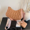 Pleated apricot hobo bag with a patterned wide strap and a small zipper coin purse - Pleated Shoulder Bag with Mini Pouch (Pink) / Pink