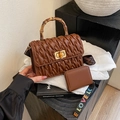 Brown pleated handbag with bamboo handle, small pouch, and rainbow LOVE strap - Brown