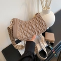Milk tea pleated shoulder bag with wide geometric strap and LOVE coin purse - Pleated Shoulder Bag with Mini Pouch (Khaki) / Khaki