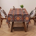 Ethnic bohemian tablecloth featuring orange and blue mandala patterns with wavy edges - Blue Sun Pattern Scalloped