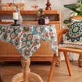 Bohemian floral tablecloth with orange and cyan patterns and elegant wavy scalloped edges - Beige Floral Diamond