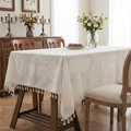 Vintage crème tafelkleed met bloemenjacquard en elegante kwastjes voor rechthoekige tafels - Chrysant Kwastjes / 60*60cm
