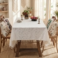 Wit rechthoekig tafelkleed met bladpatroon jacquard en beige kwastjes in boho stijl - Blad Kwastjes / 60*60cm