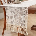 Beige Spitze Tischläufer mit Schmetterlingsmuster und langen Quasten für Esstische - Mini-Größe / Beige Schmetterling (Lange Quaste)