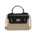 Contrast woven straw crossbody bag with black leather flap and rope shoulder strap - Black
