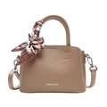 Taupe pebbled leather bucket bag with silk scarf handle and crossbody strap - Brown