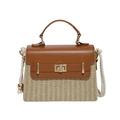 Straw box bag in light beige with brown leather trim and golden twist lock - Brown