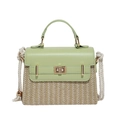 Straw woven crossbody bag with light green leather flap and gold metal buckle - Green