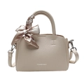 Beige pebble leather bucket bag with top handle and floral silk scarf accessory - Off White