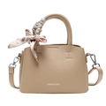 Beige soft faux leather bucket bag with litchi texture and silk scarf decoration - Khaki