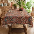Bohemian retro tablecloth with ethnic geometric patterns and white fringe tassels - 140*100cm / Ethnic Diamond Pattern with Tassels